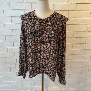 Vintage 90s SMW Ruffle Collar Poet Blouse Black Floral M